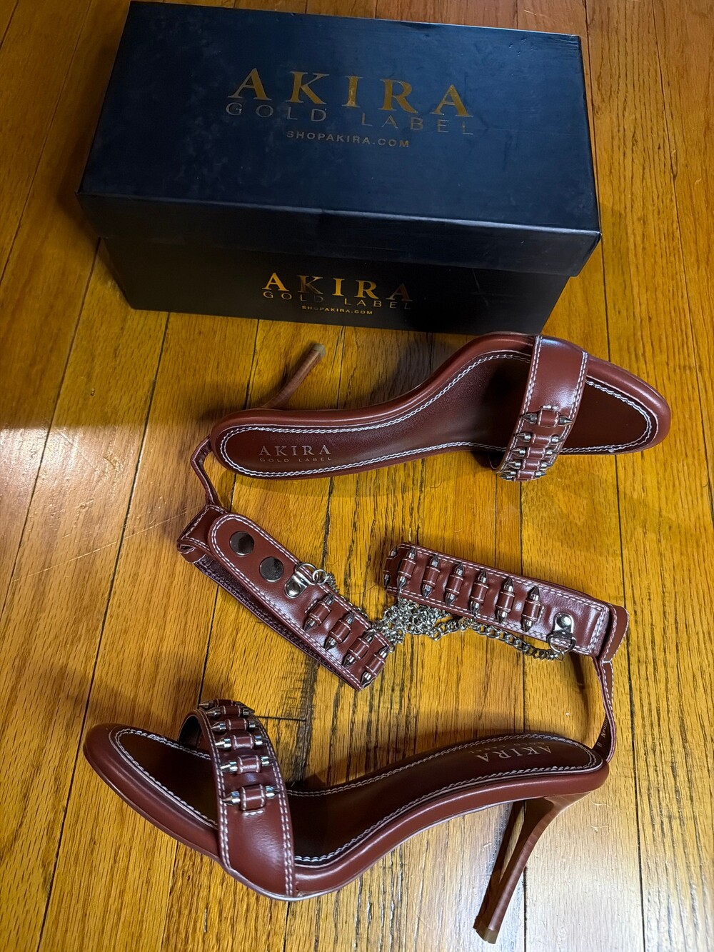 Akira Gold Label Brown High Heel Sandals with Studded Strap and Ankle Chain